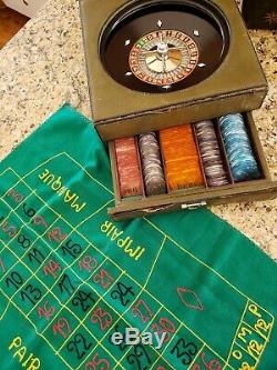 Vintage Roulette European Chip Set, Mother Of Pearl Finish Plaques Leather Case