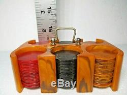 Vintage Set Of 110 Three Color Bakelite Poker Chips Set With Carrier And Box