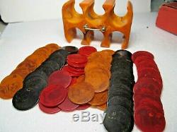 Vintage Set Of 110 Three Color Bakelite Poker Chips Set With Carrier And Box