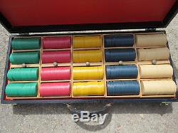 Vintage Set of 500 Clay Poker Chips In Wood Cases