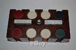 Vintage Set of Poker Chips Caddy Carrier Heavy 8 Rows Green Red White 2 Decks