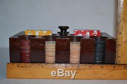 Vintage Set of Poker Chips Caddy Carrier Heavy 8 Rows Green Red White 2 Decks