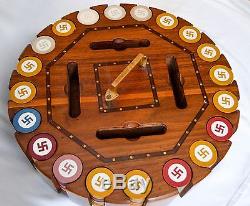 Vintage Swastika Good Luck Clay Poker Chip Set in Mahogany Caddy with Cover