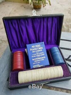 Vintage US Playing Card Poker Chip Set & no. 500 Deck fitted case clay 60 card