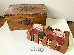 Vintage WOOD INLAY Poker Chips CADDY BOX Antique GAMBLING Set CARDS Vegas CASINO