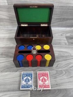 Vintage Wood Box Poker Set Cards Chips Bicycle New Fan Back / League Bakelite