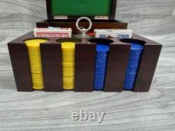 Vintage Wood Box Poker Set Cards Chips Bicycle New Fan Back / League Bakelite