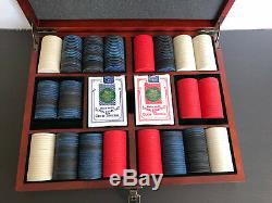 Vintage clay poker chip set in wooden box