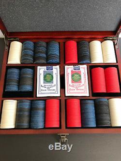Vintage clay poker chip set in wooden box
