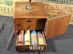 Vintage poker chip set in 3 drawer wood case mixed early chips indian elk 600 pc