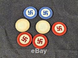 Vintage poker chip set in wood case good luck swastika or falling logs 300 pc