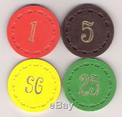 Vintage set of 399 gold stamped SG clay poker chips with case, mint