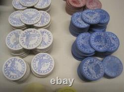 Vtg 1890s 296 clay chips poker set gambling casino Railroad Amerian Eagles game