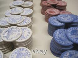 Vtg 1890s 296 clay chips poker set gambling casino Railroad Amerian Eagles game