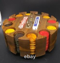 Vtg Bakelite Catalin Marbled Poker Chip Wood Carousel Set 300 Chips + Cards