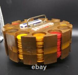 Vtg Bakelite Catalin Marbled Poker Chip Wood Carousel Set 300 Chips + Cards