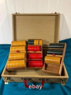 Vtg Bakelite Poker Chip Set + Case Butterscotch / Cherry / Green (290 Chips)