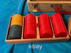 Vtg Bakelite Poker Chip Set + Case Butterscotch / Cherry / Green (290 Chips)