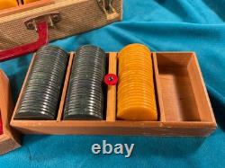 Vtg Bakelite Poker Chip Set + Case Butterscotch / Cherry / Green (290 Chips)