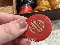 Vtg Catalin Celluloid Marbled Poker Chip And Box Set