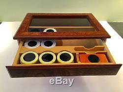 Vtg. Made in Italy Poker Chip Set Burl Box Glass Top 2 Drawer Beautiful