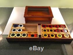 Vtg. Made in Italy Poker Chip Set Burl Box Glass Top 2 Drawer Beautiful