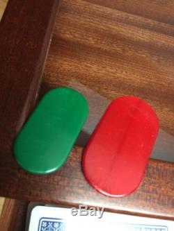 Vtg. Made in Italy Poker Chip Set Burl Box Glass Top 2 Drawer Euro Plaque
