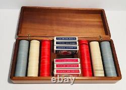 Vtg Rare Poker Set Wooden Box With Clay Poker Chips & 6 Decks Of Cards