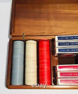 Vtg Rare Poker Set Wooden Box With Clay Poker Chips & 6 Decks Of Cards