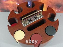 WOOD POKER CHIP CADDY CAROUSEL SET withCOVER + 139 CLAY PRESSED PAPER CHIPS ANTIQE