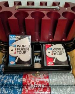 WPT Cards World Poker Tour 300 Ct Oval Poker Chip Set Cherry Wood Chiprack