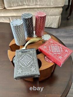 Wooden Rotating Carousel Poker Set With Chips And 2 Decks Of Cards MINT NEW
