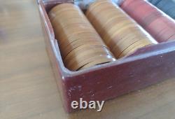 Wow Rare EAGLE Set Of 100 Bakelite Poker Chips Butterscotch Red Blue In Box